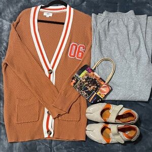 Zara Tan Cardigan with White and Orange Accents